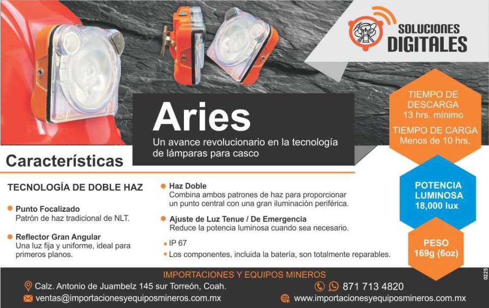 ARIES un avance revolucionario en la tecnologia de lamparas para casco. Tiempo de descarga:13 hrs minimo, Tiempo de carga: menos de 10 hrs, Potencia luminosa: 18,000 lux, Peso: 169 gr