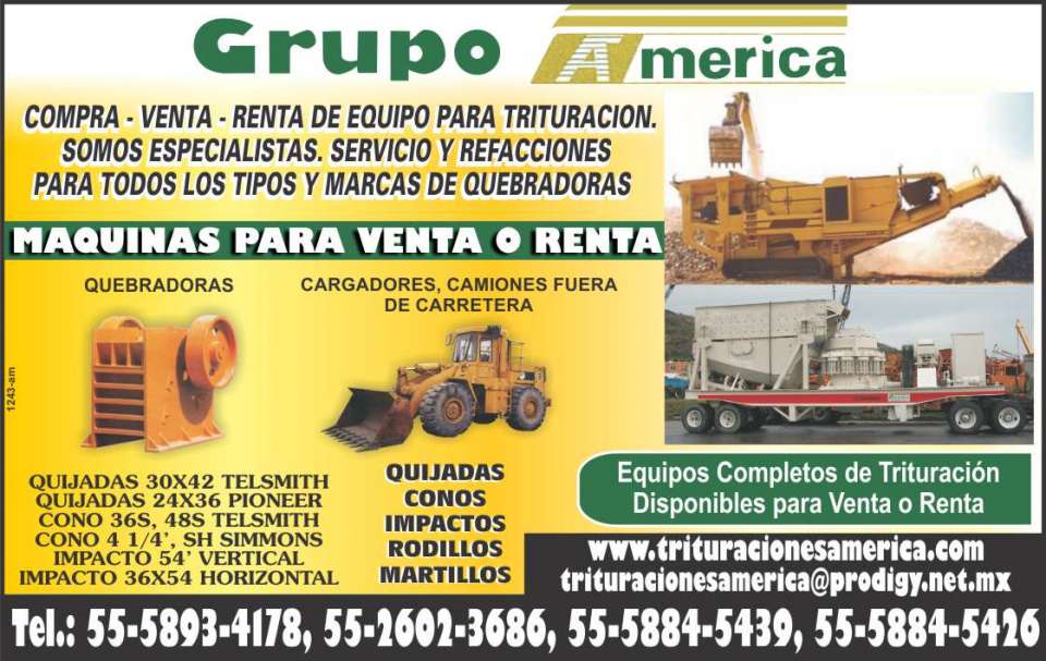 Equipo para trituracion, quebradoras, cargadores, camiones fuera de carretera, quijadas, conos, impactos, rodillos, martillos, equipos completos de trituracion disponibles para venta o renta Equipo para trituracion, quebradoras, cargadores, camiones fuera de carretera, quijadas, conos, impactos, rodillos, martillos, equipos completos de trituracion disponibles para venta o renta