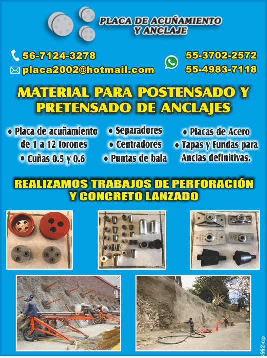 Wedge plates for 1 to 12 strands, 0.5 and 0.6 wedges, spacers, centering devices, bullet points, steel plates, caps and sleeves for permanent anchors. Drilling and shotcrete work. Wedge plates for 1 to 12 strands, 0.5 and 0.6 wedges, spacers, centering devices, bullet points, steel plates, caps and sleeves for permanent anchors. Drilling and shotcrete work.