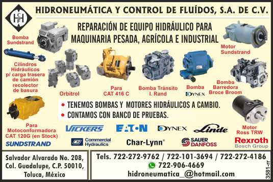 Hydropneumatic and Fluid Control Repair of hydraulic equipment for heavy machinery, hydraulic cylinders, piston pumps, vanes and gears. Hydropneumatic and Fluid Control Repair of hydraulic equipment for heavy machinery, hydraulic cylinders, piston pumps, vanes and gears.