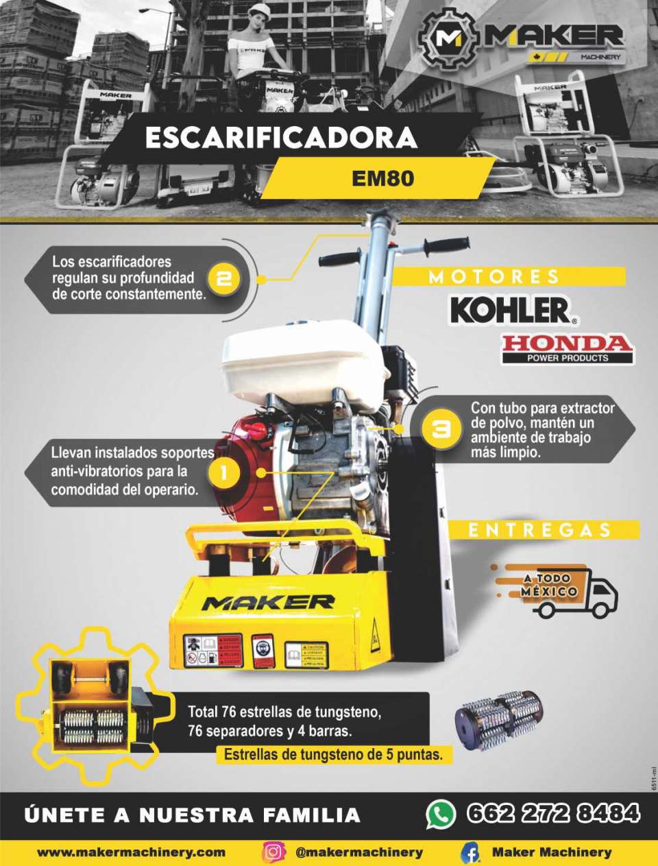 Escarificadora EM80, motores kohler, honda power products, estrellas de tungsteno de 5 puntas Escarificadora EM80, motores kohler, honda power products, estrellas de tungsteno de 5 puntas