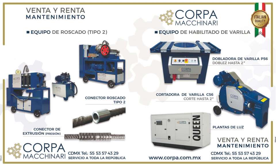 Equipped Rod Equipments, Rod Benders, Rod Cutters, Type 2 threaded connector, Extrusion Connector (Pressure), Threading Equipment, Light Plants, Sale, Rent, Maintenance Equipped Rod Equipments, Rod Benders, Rod Cutters, Type 2 threaded connector, Extrusion Connector (Pressure), Threading Equipment, Light Plants, Sale, Rent, Maintenance