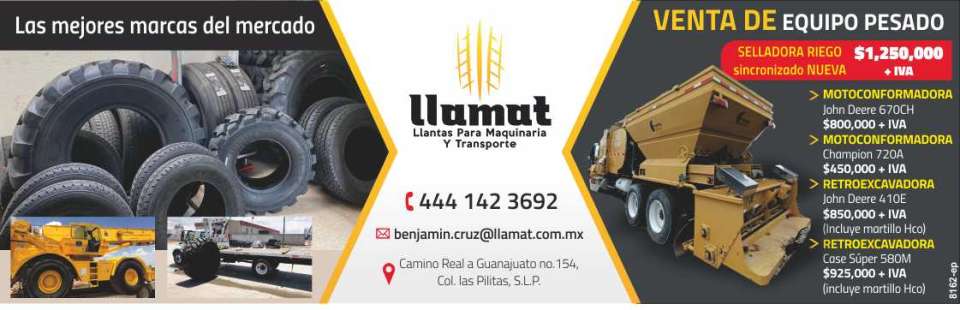 Las mejores marcas en llantas del mercado. Equipo Pesado: Selladora de riego sincronizado, motoconformadoras, retroexcavadoras, etc
